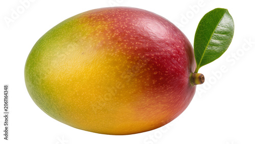 Ripe mango fruit with green leaf and stem