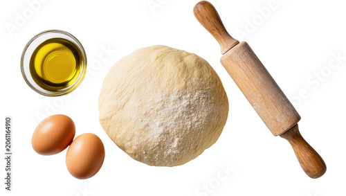 Obraz na plátně Raw dough ball with eggs olive oil, and rolling pin