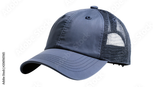 Blue mesh trucker cap with curved brim and stitched details