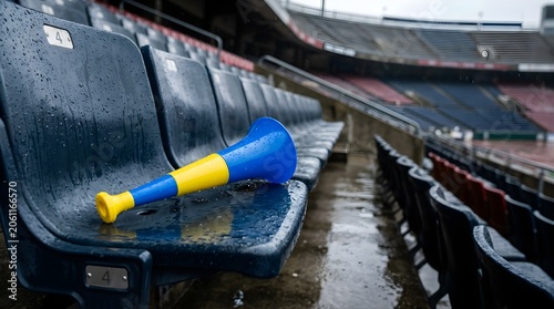 Blue and yellow stadium horn rests on a rainy bleacher during a game.