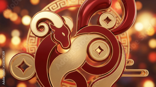Stylized Goat Zodiac Icon with Traditional Chinese Coins