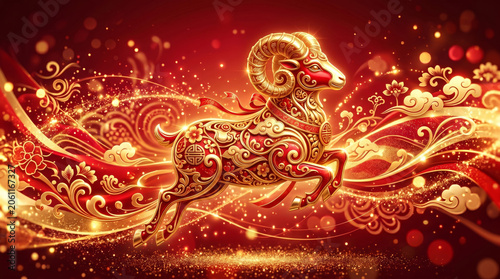 Golden Auspicious Ram with Traditional Chinese Festival Decorations