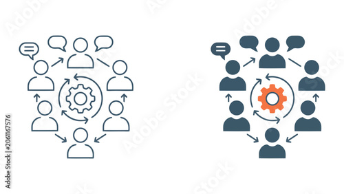 Business team communication and workflow cycle icon featuring people connected by arrows around a central gear for collaborative problem solving and organizational process management in corporate