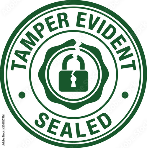 Fotografie Tamper evident sealed circular stamp with broken lock icon green color