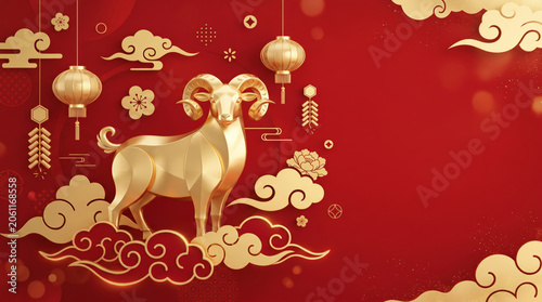 Golden Ram Zodiac Symbol with Traditional Chinese Festival Decorations