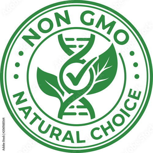 Obraz na plátně Non gmo natural choice stamp for organic food verification and healthy eating endorsement with dna and leaf symbols