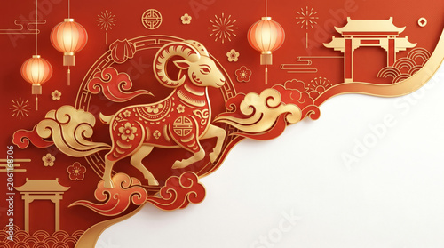 Traditional Chinese Zodiac Goat Papercut Style Illustration