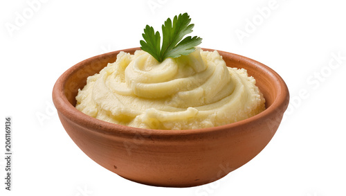 Tableau sur toile Creamy mashed potatoes swirled in terracotta bowl with parsley garnish
