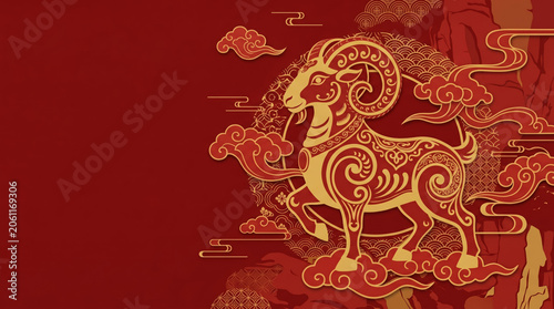 Traditional Chinese Zodiac Goat Papercut Art in Red and Gold