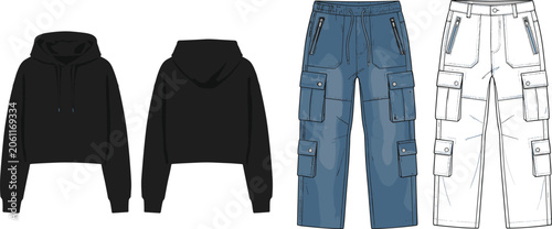 Fotografía Fashion technical sketch of black cropped hoodie and utility cargo pants with po