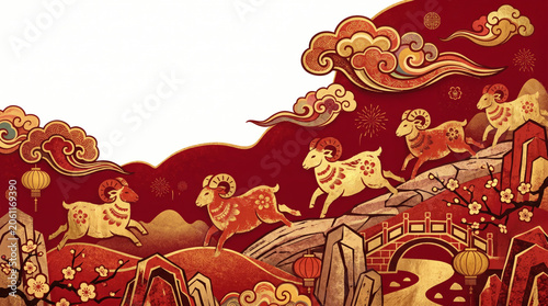 Five Auspicious Goats in Traditional Chinese Festive Artwork