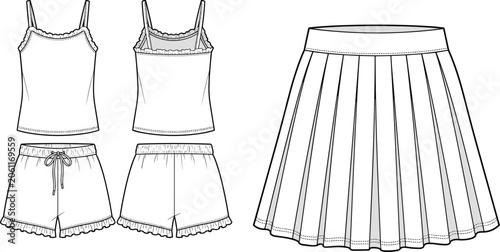 Obraz na płótnie Fashion technical sketch of women ruffle camisole top with matching shorts set a