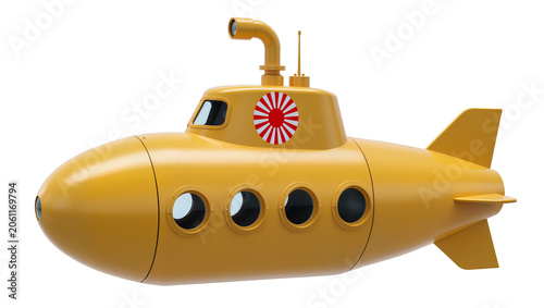 Obraz na płótnie Yellow cartoon submarine with periscope and fins