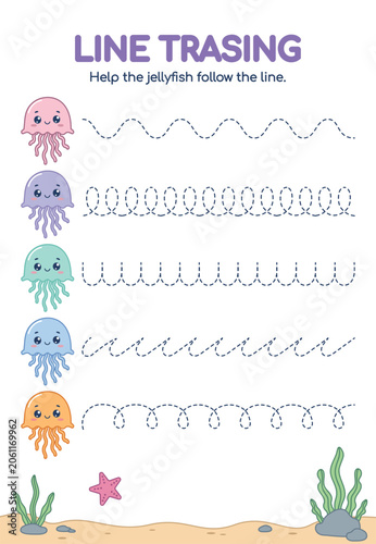 Educational jellyfish worksheet for kids to trace and color. Handwriting basics. Jellyfish and starfish worksheets for kids. Practice sheet for preschoolers or kindergarteners