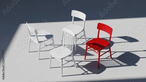 Four chairs casting shadows on a bright white surface; one red chair