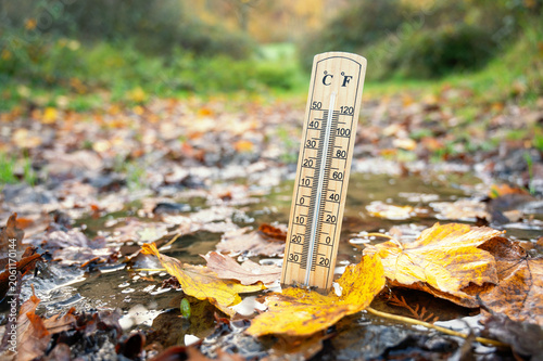 Cuadro en lienzo Thermometer with wet autumn foliage, fall season, measure the temperature, weath