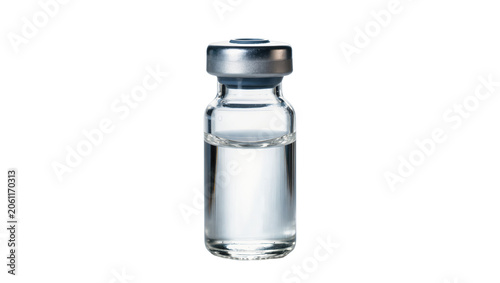 Foto Clear liquid in a glass medical vial with silver cap, isolated on transparent ba