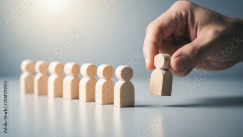 Hand selecting wooden figure from row, representing choice and selection