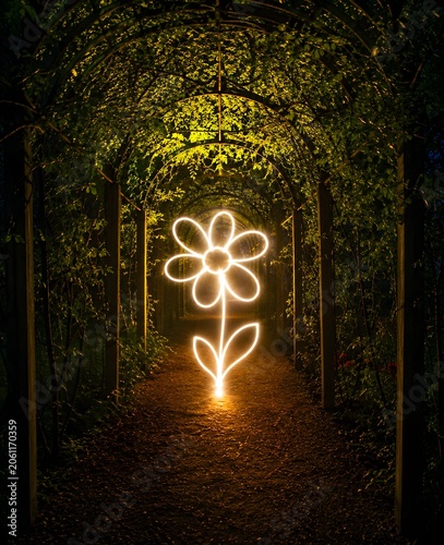 A shining flower path at night