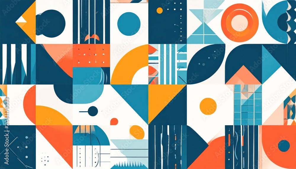 Obraz premium Seamless geometric pattern with teal and orange shapes.
