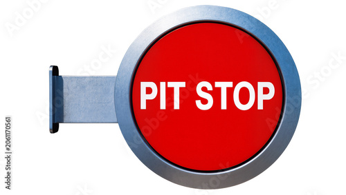 Fotografie Red circular sign with white text PIT STOP and metal bracket