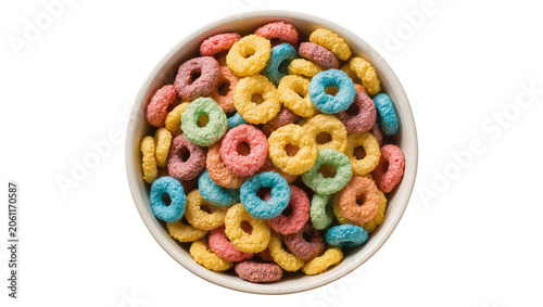 Quadro su tela Colorful fruit flavored cereal rings in a white bowl