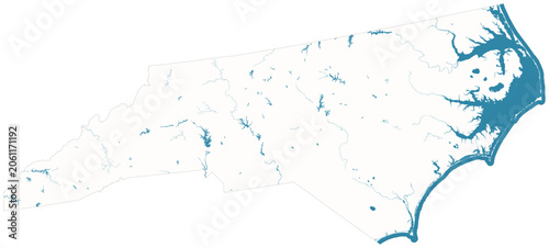 Foto North Carolina water bodies vector map with lakes, rivers, reservoirs and shaded