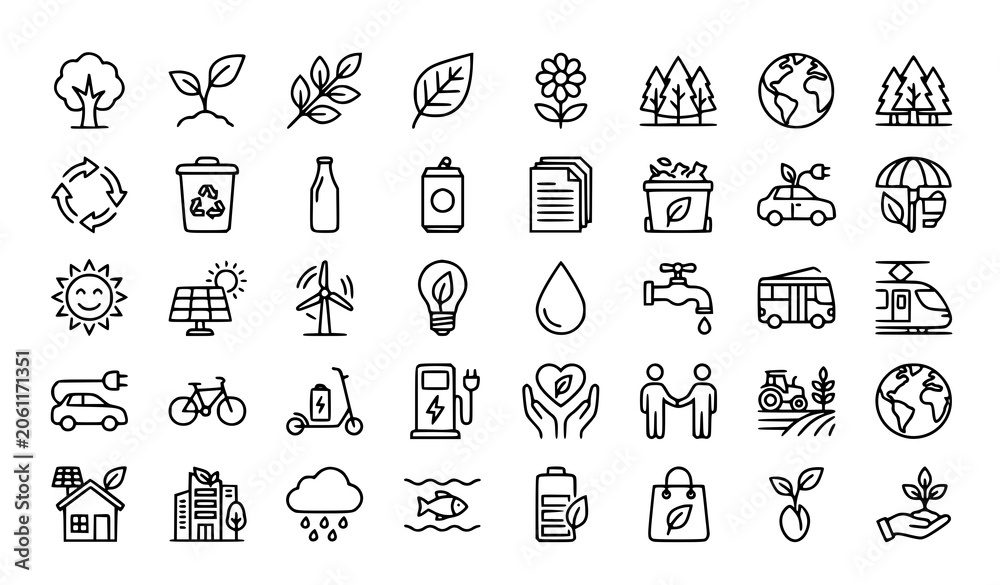 Fototapeta premium Eco friendly line icons set sustainability renewable energy and environmental concepts