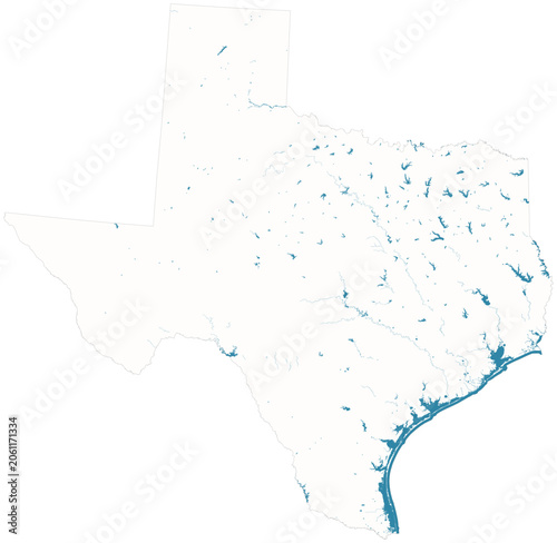 Fotografie Texas water bodies vector map with lakes, rivers, reservoirs and shaded relief t