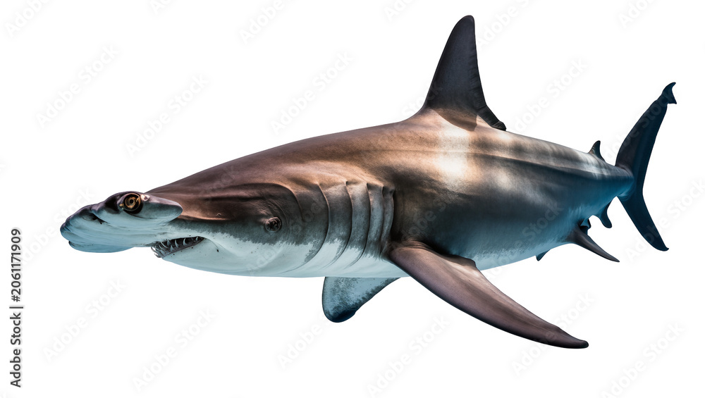 Fototapeta premium Hammerhead shark swimming side view, white