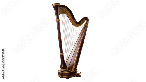 Canvas Print Wooden concert harp with gold accents and many strings