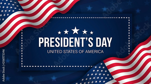Presidents day banner with american flag and stars on blue background