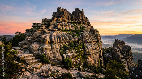 Dramatic rocky mountain landscape at sunrise in the grampians, australia