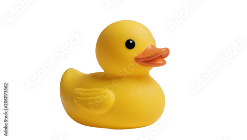 Fotografía Yellow rubber duck toy with orange beak and black eyes