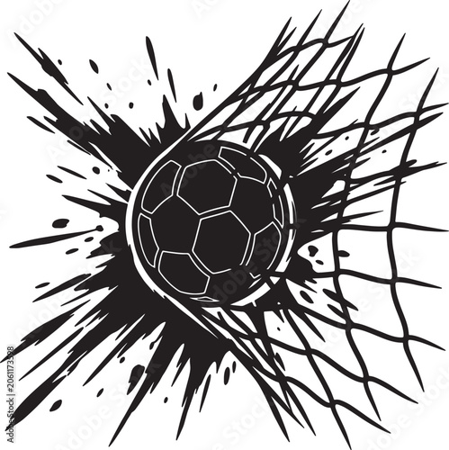 Outline soccer ball bursting through a goal net with a dynamic splash effect, vector illustration, black silhouette on transparent background.