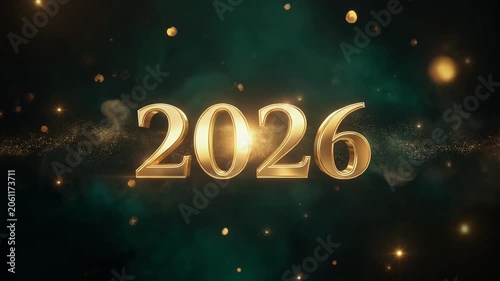 2026 Golden Glowing Text with Particles on Dark Background Highlighting Festive and Futuristic Celebration Theme