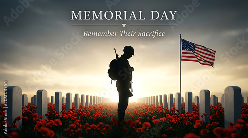 Memorial day soldier silhouette in a field of poppies with american flag