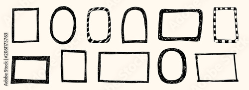 Stamp frames with border in Italian coastal style. Decorative, nautical fun scallop frame wiggle retro designs. Hand drawn pencil doodle border set.