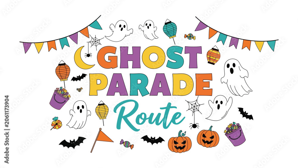 Fototapeta premium Ghost Parade Route Illustration: A vibrant and whimsical illustration announcing a Ghost Parade Route for Halloween, featuring playful ghosts, bats, pumpkins, candy, and festive bunting.