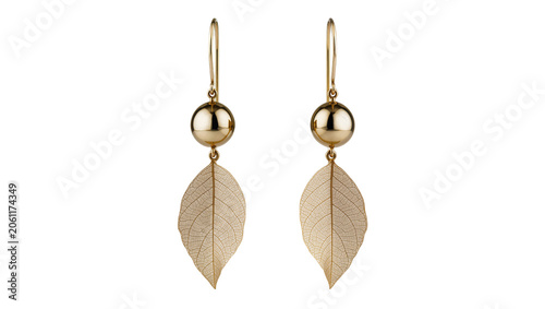 Fotografie Gold Ball and Skeleton Leaf Dangle Earrings