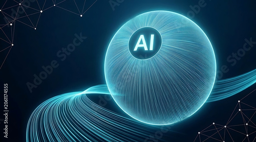 Abstract digital sphere with ai text and glowing light trails