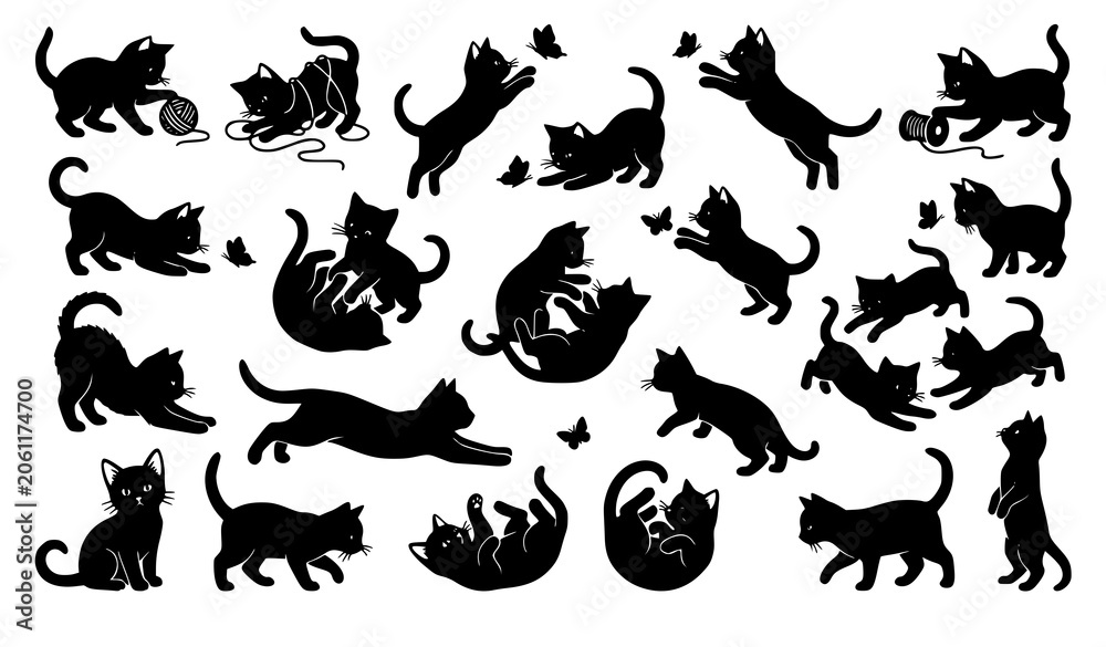 Obraz premium Cute Kitten Playing Silhouettes Vector Set with Active Cats and Fun Pet Poses Collection