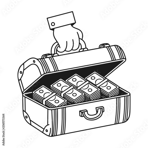A hand opens a suitcase filled with stacks of dollar bills. Cartoon-style vector outline illustration in doodle art style