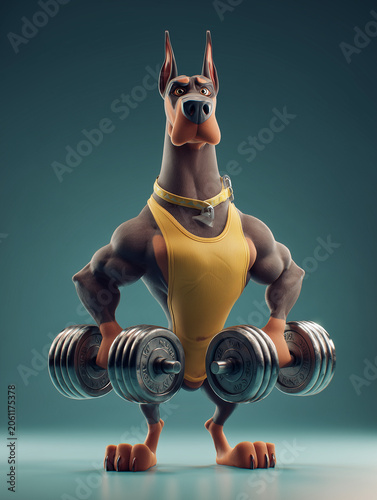 Doberman pinscher dog weightlifting dumbbells at gym