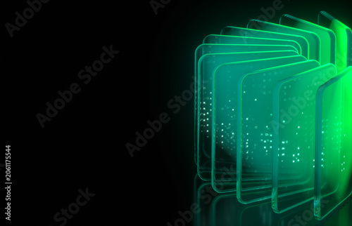 Circular green tech server network with glowing glass plates, 3d rendering.