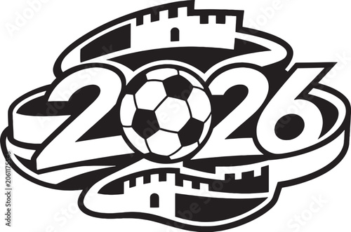 Serbia 2026 Soccer Ribbon Emblem Black and White Vector Line Art Fortress Inspired Football Celebration Icon