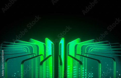 Circular green tech server network with glowing glass plates, 3d rendering.