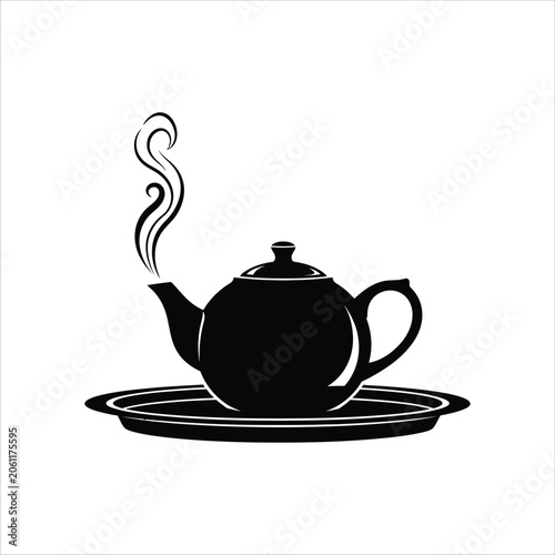 Black teapot with steam on a plate vector, AI