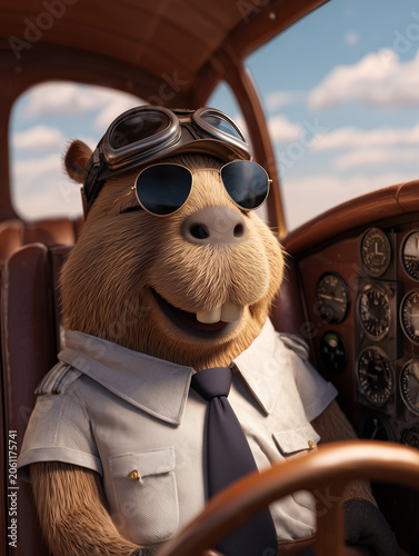 Capybara pilot wearing sunglasses and aviator goggles flying airplane