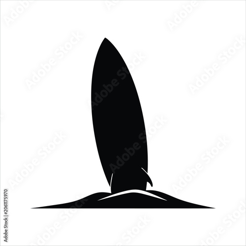Black surfboard standing on sand vector, AI
